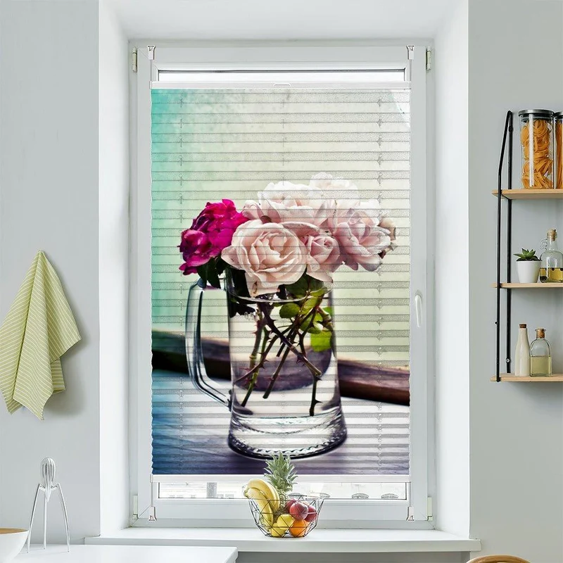 Plissee Motiv "Vase Rosen Herz"