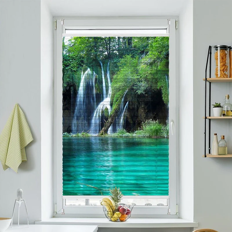 Wabenplissee Motiv "Wald See Wasserfall"