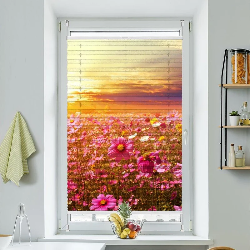 Plissee Motiv "Blumenwiese Sonnenuntergang"