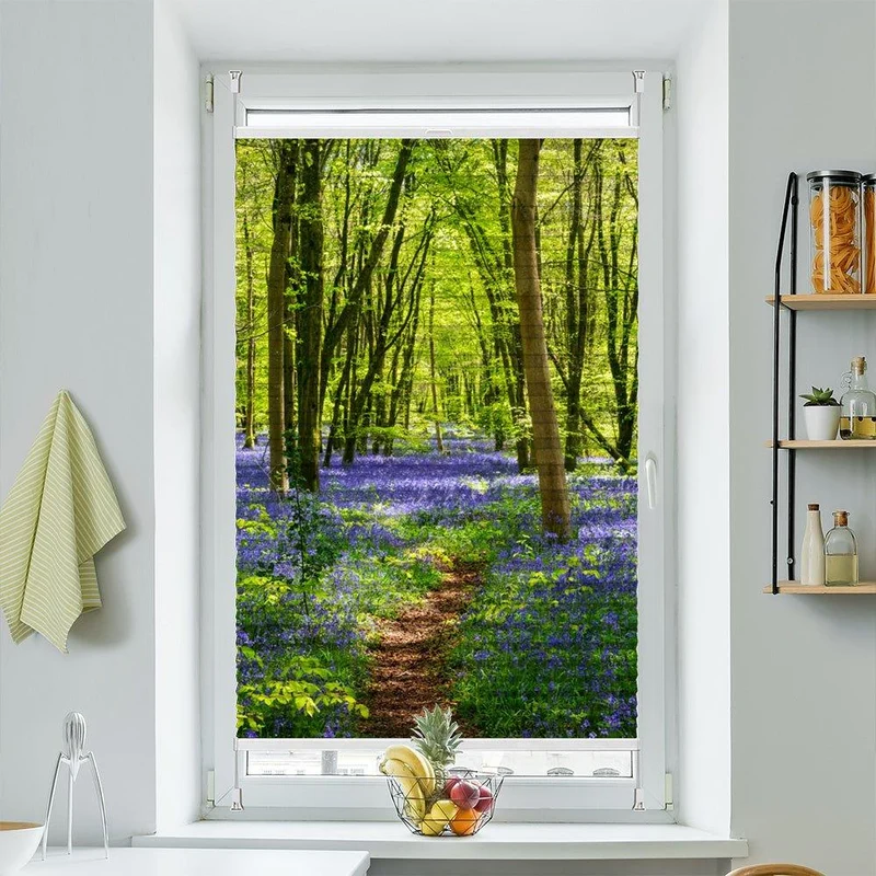 Wabenplissee Motiv "Wald Baeume Glockenblumen"