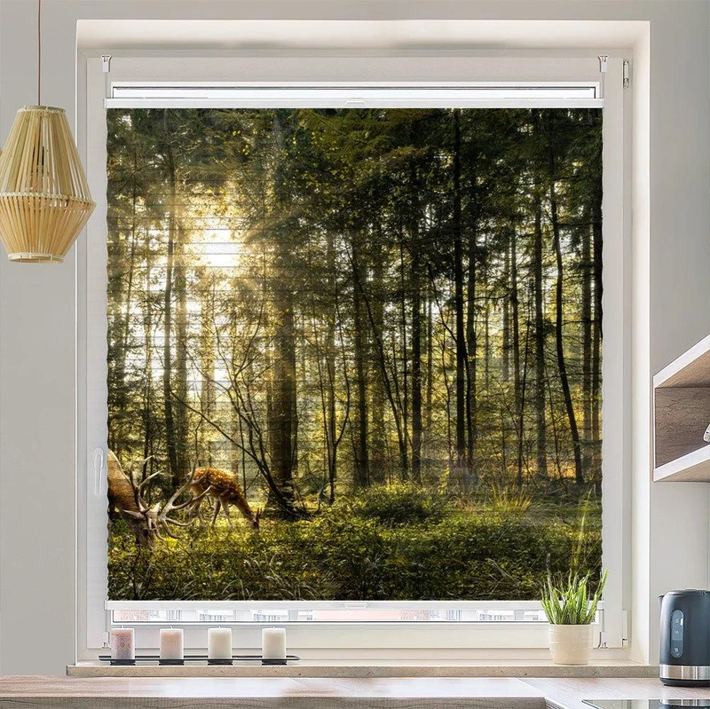 Wabenplissee Motiv "Hirsch Reh Wald Sonne"