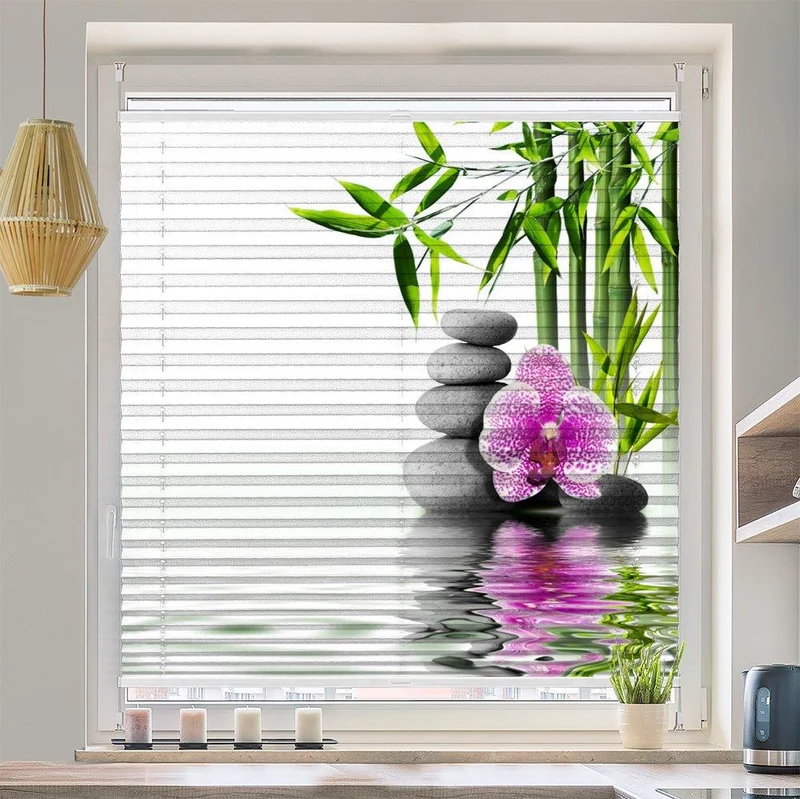 Wabenplissee Motiv "Bambus Wasser Steinturm Orchidee"