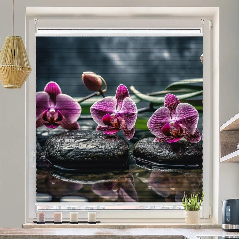 Wabenplissee Motiv "Orchideen Pink Steine Wasser"