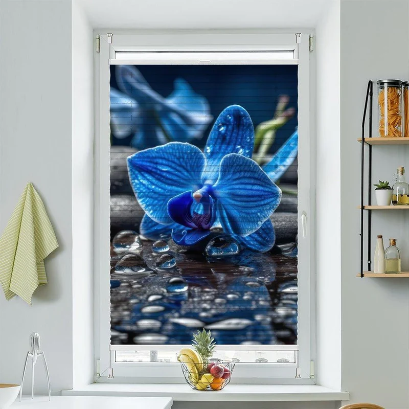 Wabenplissee Motiv "Orchidee Blau Wasser Tropfen Steine"