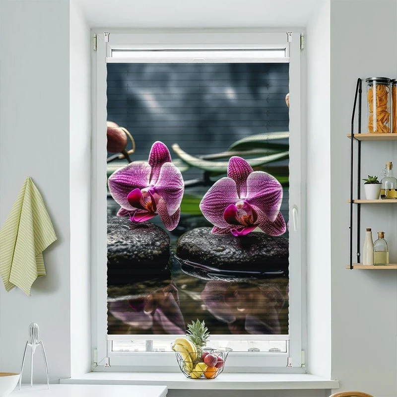 Plissee Motiv "Orchideen Pink Steine Wasser"